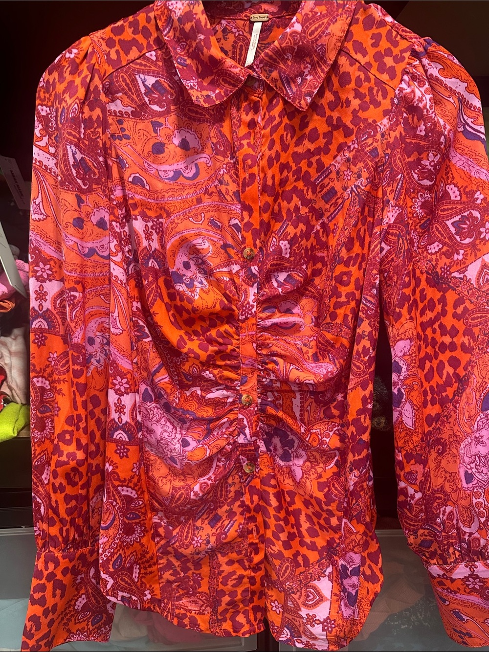 Free People Red and Pink Paisley Button-Front Shirt XS 70’s glam